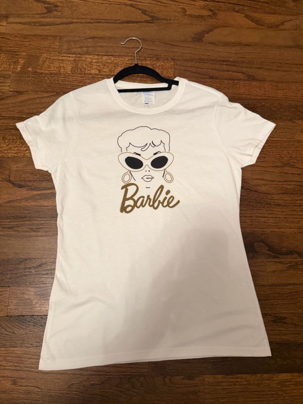 Barbie White Graphic Tee with Gold Logo, Size XS, NWOT